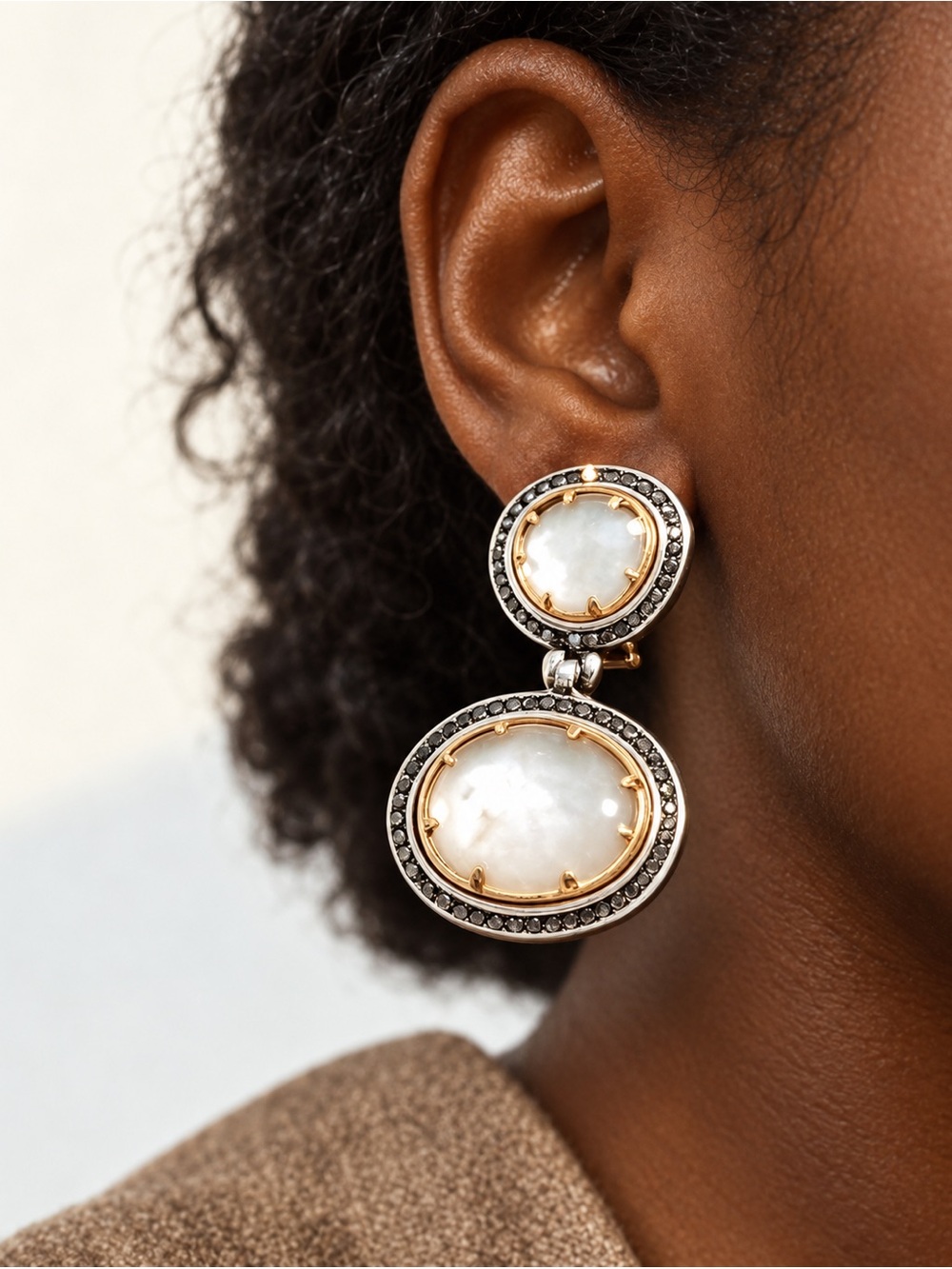 Silver Chunky Double Drop Earrings with Black Crystal Halo - Fall trend - Picture 4 of 5